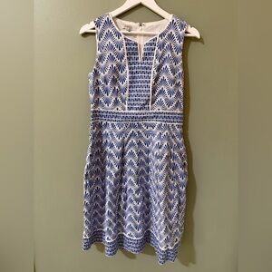 Talbots Geo Mixed Print Fit and Flare Blue White Lined Sleeveless Dress Womens 8